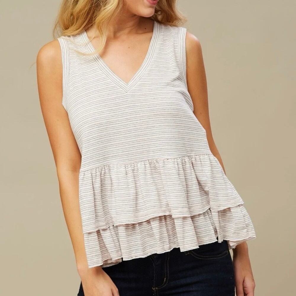 Altar’d State Striped Ruffle Tiered Peplum Tank Top Gray M